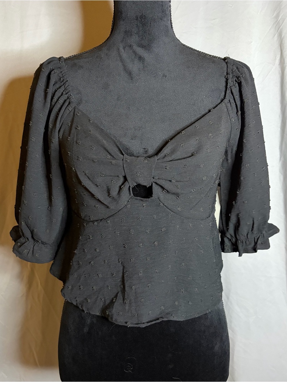 URBAN Romantics Black Swiss Dot Bow-Front Puff Sleeve Top